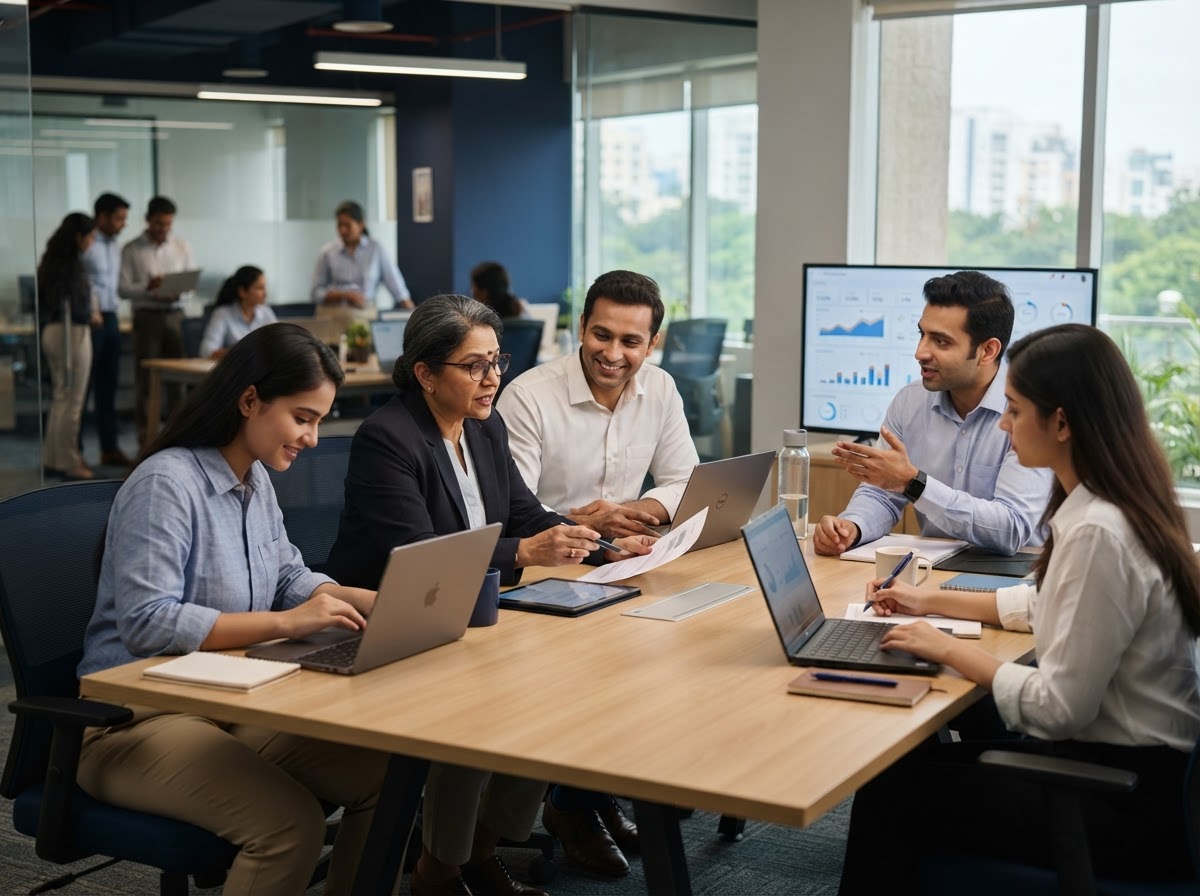 Growindiaup operations team reviewing AI-driven portfolio analytics
